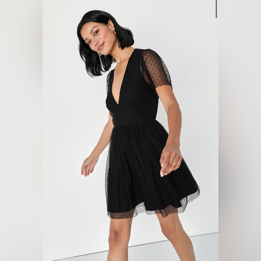 Lulu’s Radiating Chic Black Mesh Swiss Dot Short Sleeve Mini Dress